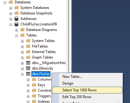 Picture showing the SQL Server Management Databases and Tables. 